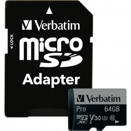 Verbatim 64 GB microSDHC UHS-I U3 V30 A2 Class 10 Pro + SD Adapter (47042)