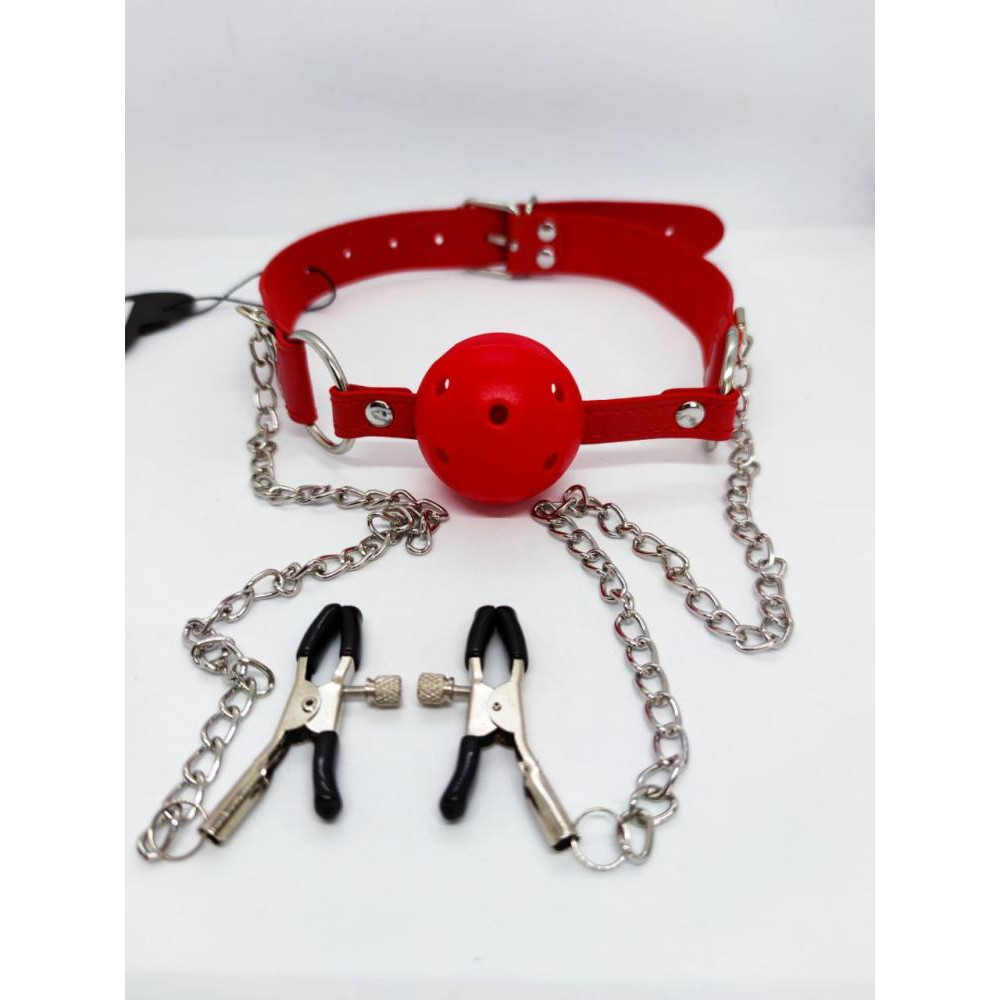 DS Fetish Кляп DS Fetish Ball gag with nipple clamps red (222002025) - зображення 1