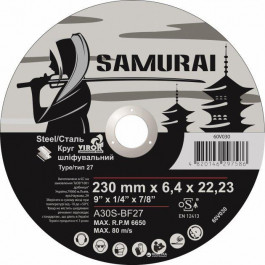 Virok Диск шлифовальный по металлу SAMURAI A30S-BF27, O = 230х22.23 мм, t = 6.4 мм, 60V030
