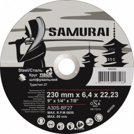   Virok Диск шлифовальный по металлу SAMURAI A30S-BF27, O = 230х22.23 мм, t = 6.4 мм, 60V030