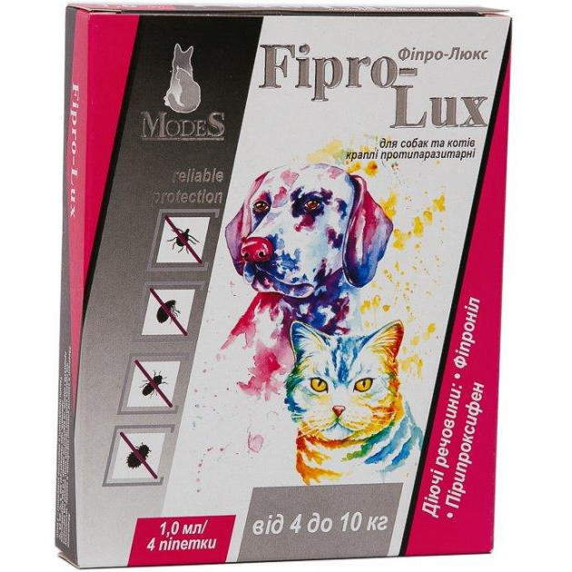 Modes Капли  Фипро-Люкс противопаразитарные для собак и котов 4 -10 кг, 4 шт х 1 мл (4820254820126) - зображення 1