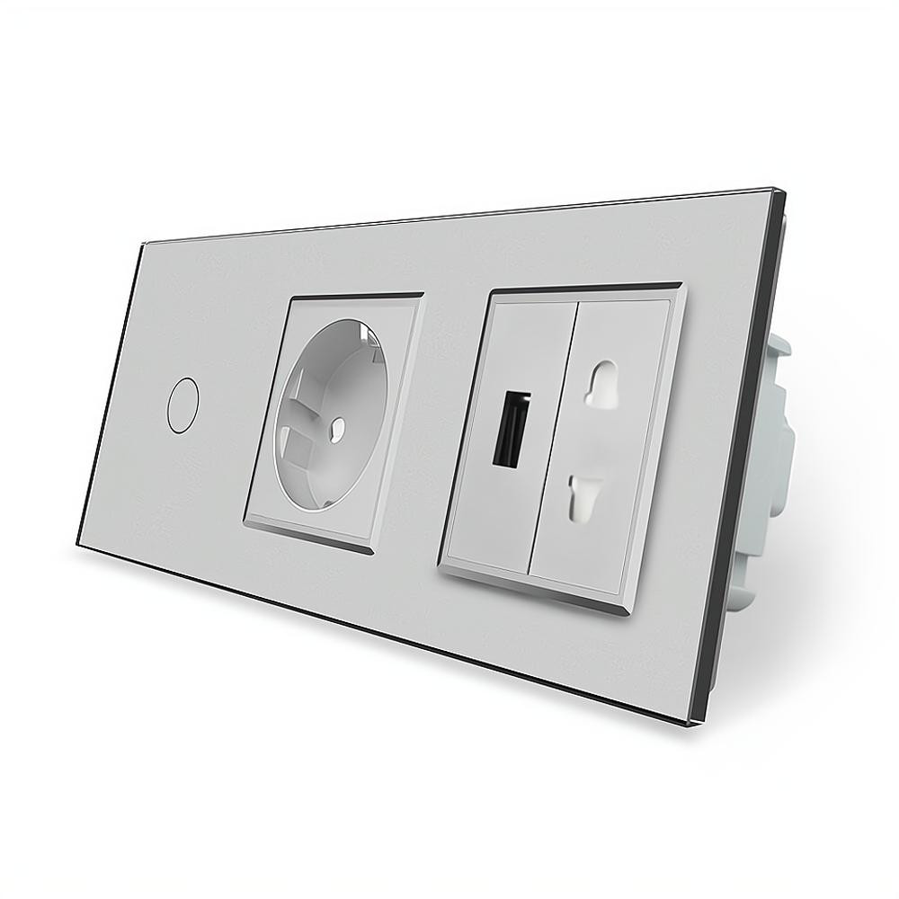 Livolo Сенсорный проходной выключатель sens+розетка+USB серый стекло (VL-C701SC1EU1USBC1A-15) - зображення 1