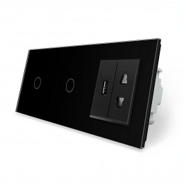Livolo Сенсорный выключатель 2 сенсора (1-1) USB+розетка черный стекло (VL-C701/C701/C1A1USB-12)