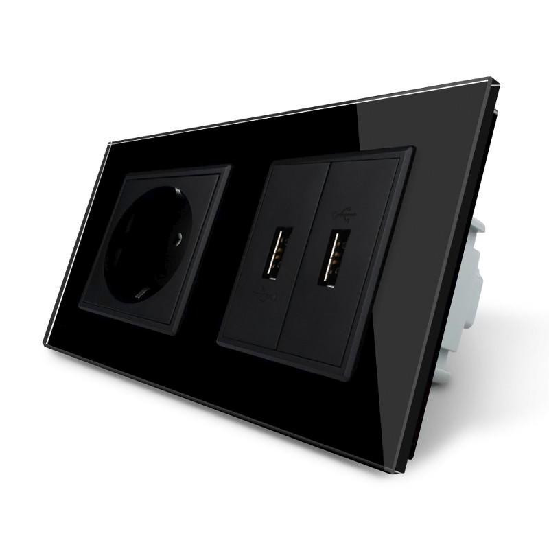 Livolo Розетка с заземлением с 2 USB розетками черный стекло (VL-C7C1EU2USB-12) - зображення 1