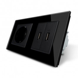 Livolo Розетка с заземлением с 2 USB розетками черный стекло (VL-C7C1EU2USB-12)
