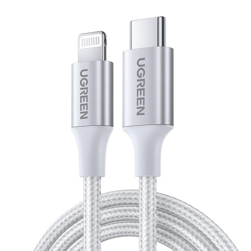 UGREEN US304 USB-C to Lightning PD 20W Cable Aluminum Shell Braided 1m White (70523) - зображення 1