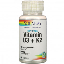Solaray Витамин D3 + K2, Solaray, Soy-Free, 60 Вегетарианских Капсул