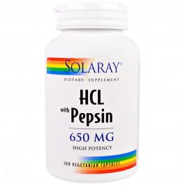 Solaray Бетаин HCL и Пеппсин, HCL with Pepsin, Solaray, 650 мг, 100 вегетарианских капсул