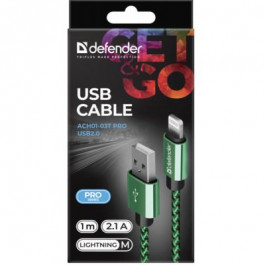 Defender ACH01-03T PRO USB2.0 AM/Apple Lightning Green 1m (87810)