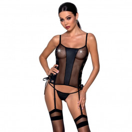   Passion Сетчатый корсет из экокожи Malwia Corset black XXL/XXXL: с люверсами и съемными пажами (SO5767)