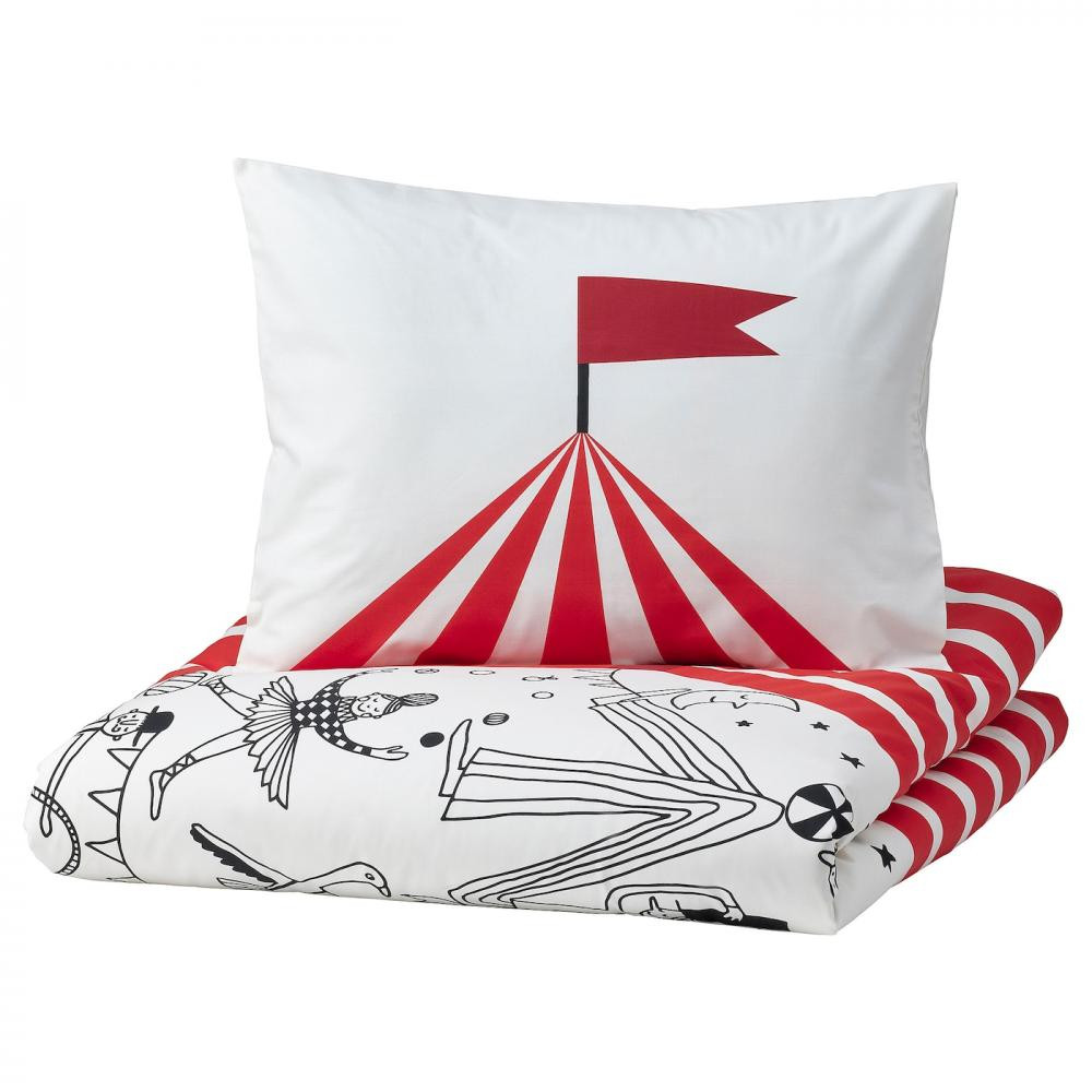 IKEA BUSENKEL Підковдра та наволочка червоний/білий цирковий візерунок 150x200/50x60 с - зображення 1