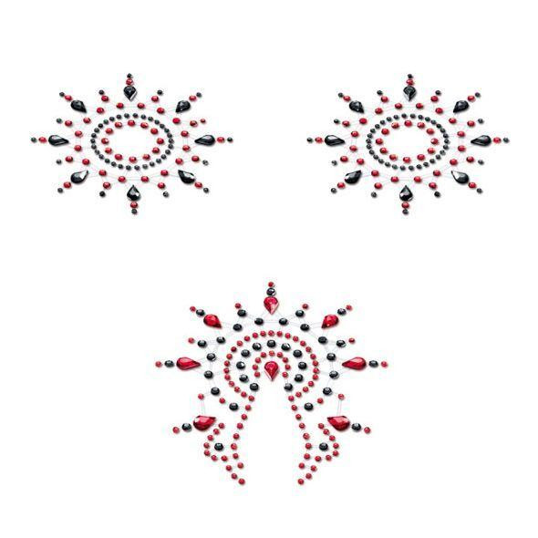 Petits Joujoux Пестіс з кристалів  Gloria set of 3 - Black/Red, прикраса на грудях та вульву (SO3130) - зображення 1
