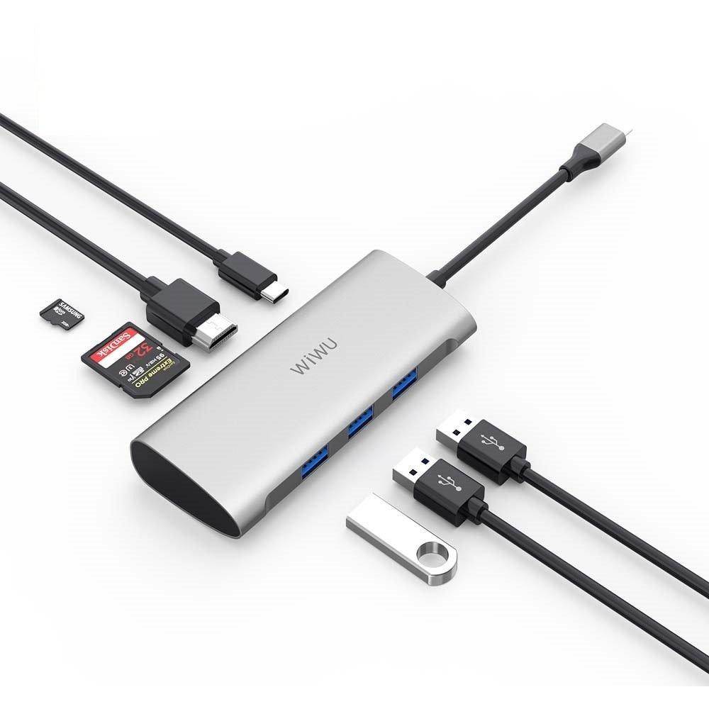 WIWU Adapter Alpha 731HP USB-C to 3xUSB3.0+HDMI+USB-C+SD+TF Card Grey - зображення 1