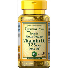 Puritan's Pride Puritan's Pride Vitamin D3 125 mcg (5000 IU) 100 Rapid Release Capsules, отдельный витамин
