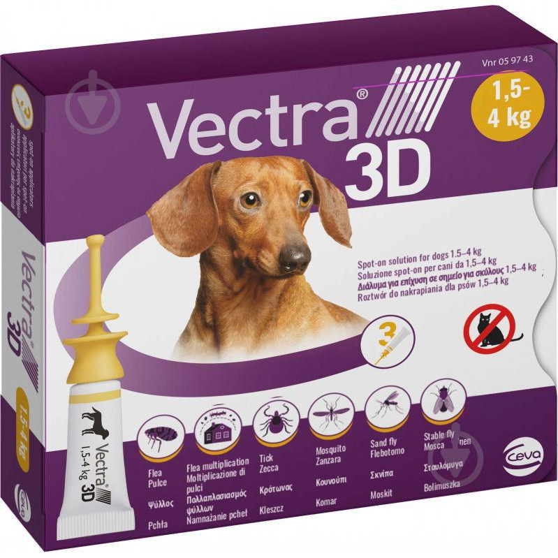 Ceva Sante Vectra 3D Противопаразитарные капли на холку для собак от блох и клещей 3 шт./уп. 1,5-4 кг (79957) - зображення 1