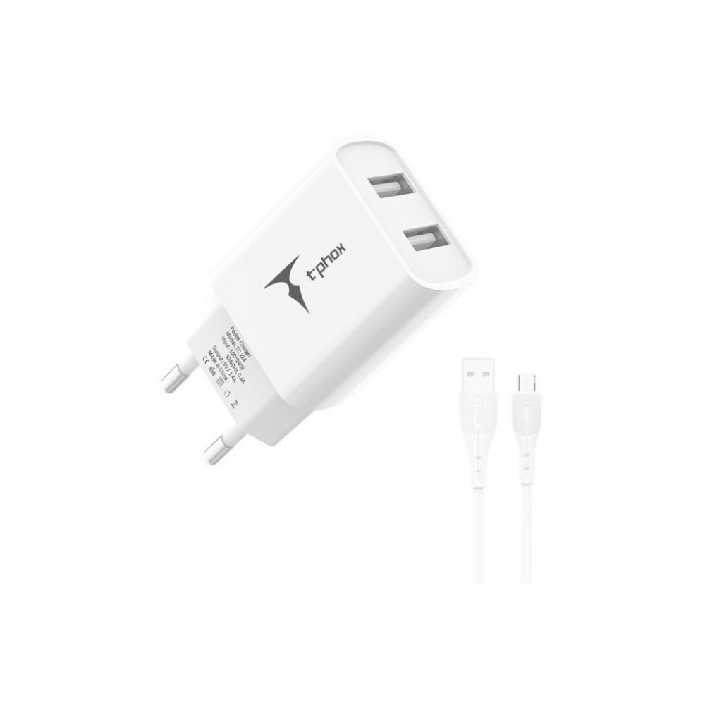 T-PHOX 2xUSB-A 2.4A White Micro-USB cable (TCC-224 (W)+Micro) - зображення 1