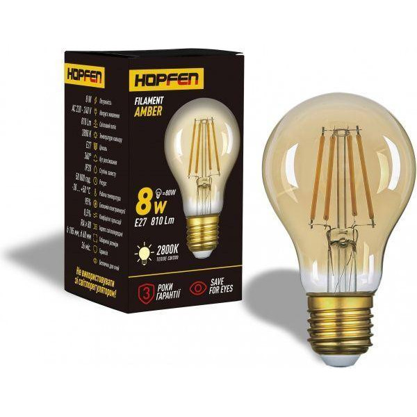 Hopfen LED FIL Amber A60 8 Вт E27 2800 К 220 В желтая (6949677289506) - зображення 1