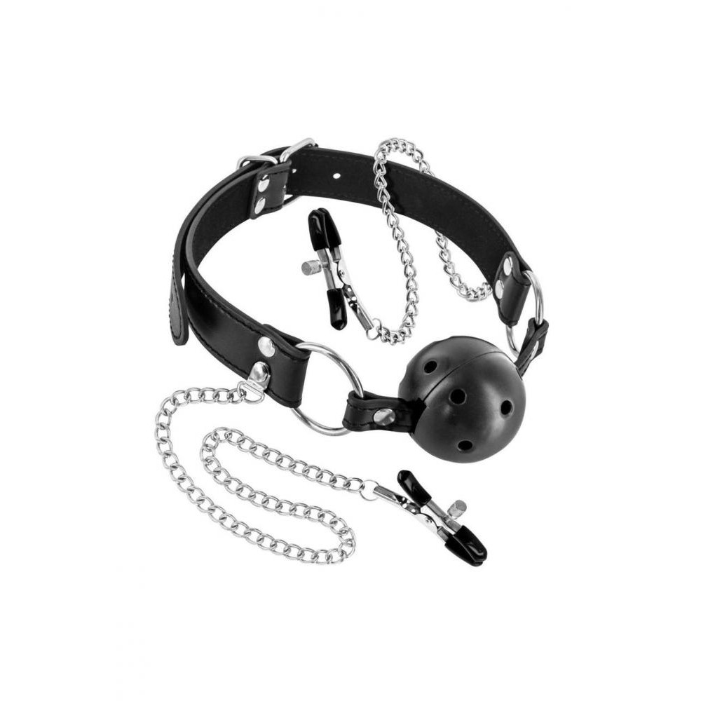 Fetish Tentation Воздухопроницаемый кляп с зажимами для сосков Rigid Gag Ball with Nipple Clamps (SO4037) - зображення 1