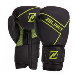Zelart Перчатки боксерские кожаные на липучке VL-3149, размер 12oz, черный/салатовый - зображення 1