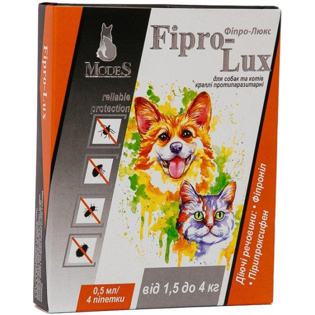 Modes Капли  Фипро-Люкс противопаразитарные для собак и котов 1.5 -4 кг, 4 шт х 0.5 мл (4820254820089) - зображення 1