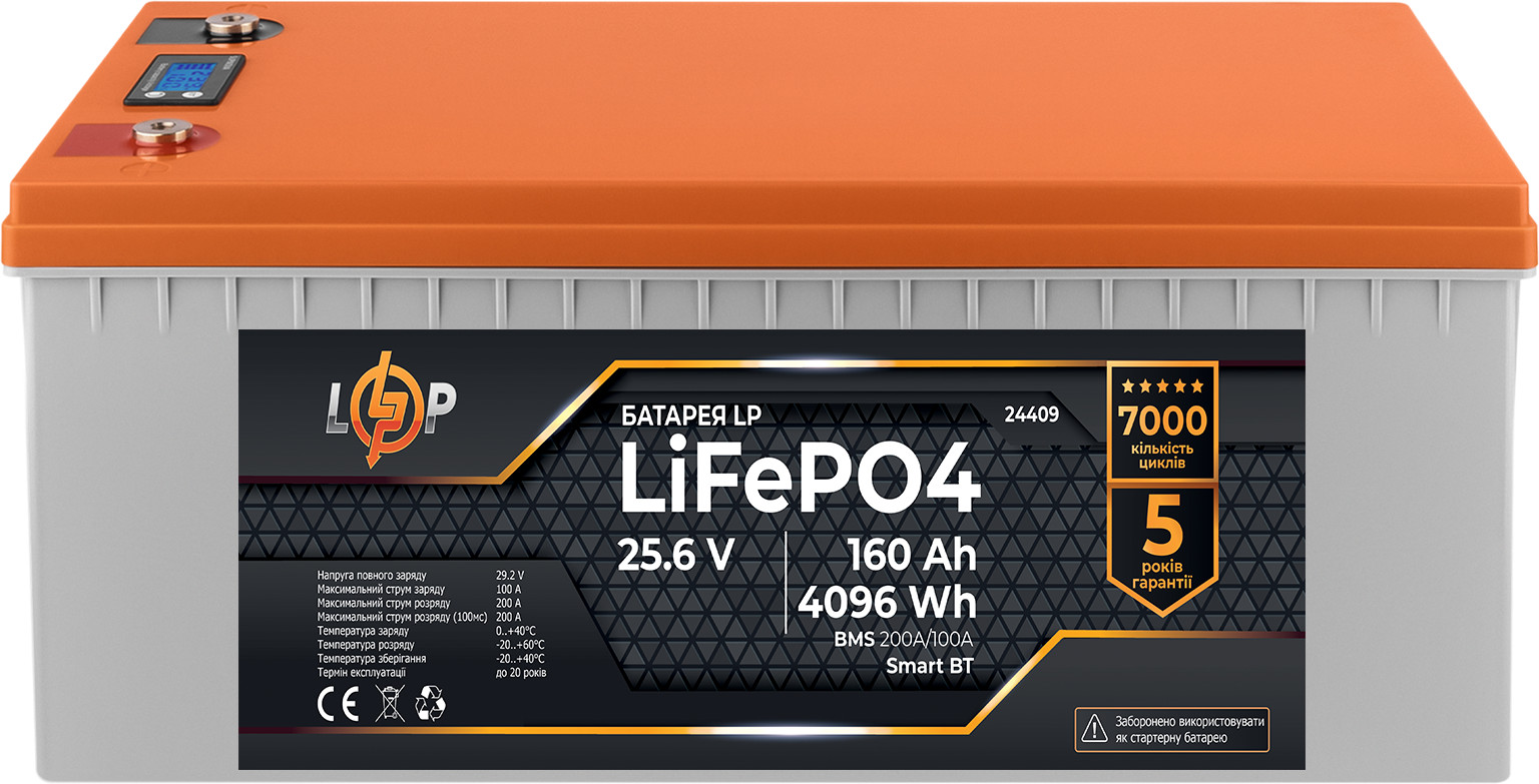 LogicPower LiFePO4 25,6V - 160 Ah 4096Wh BMS 200A/100А пластик LCD Smart BT (24409) - зображення 1