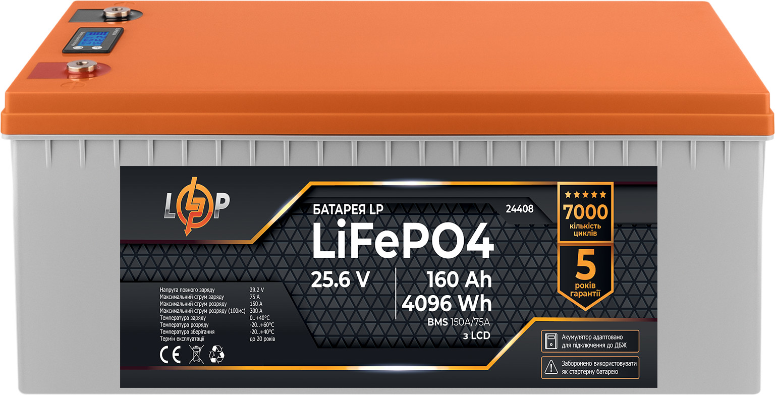 LogicPower LiFePO4 25,6V - 160 Ah 4096Wh BMS 150A/75А пластик LCD для ИБП (24408) - зображення 1