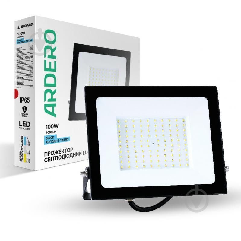 Ardero Cвітлодіодний прожектор  LL-1100ARD 100W 9000Lm 6500K чорний IP65 (4820273270193) - зображення 1