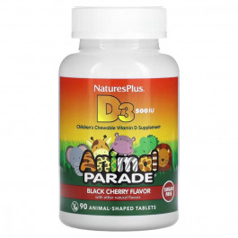 Nature's Plus Витамин D3 для Детей без Сахара, Вкус Черной Вишни, Animal Parade, Natures Plus, 90 жевательных табл