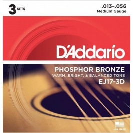   D'Addario Струны для акустической гитары D'Addario EJ17-3D Phosphor Bronze Medium Acoustic Guitar Strings 13/5