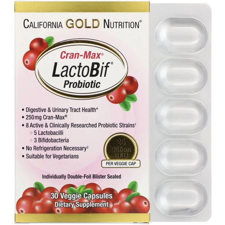 California Gold Nutrition LactoBif Cran-Max Пробіотики з журавлиною 25 млрд КУО 30 рослинних капсул - зображення 1