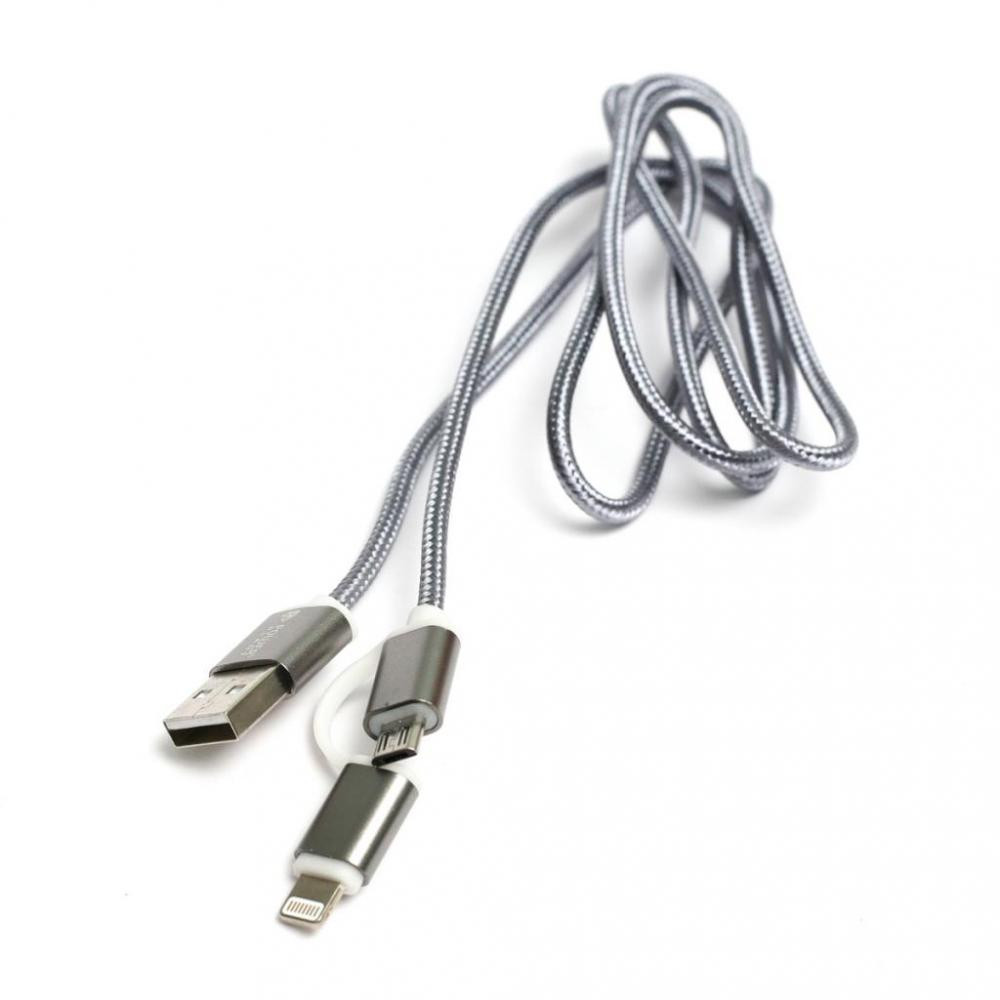 PowerPlant Quick Charge 2A 2в1. Cotton USB 2.0 AM to Lightning/Micro 1м, grey (KD00AS1289) - зображення 1