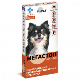 ProVET Капли от блох и клещей Мега Стоп ProVET для собак до 4 кг 4 пипетки PR020075 (4820150200756)