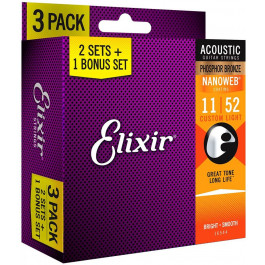   Elixir 3 Pack 16544 Nanoweb Phosphor Bronze Custom Light Acoustic Guitar St