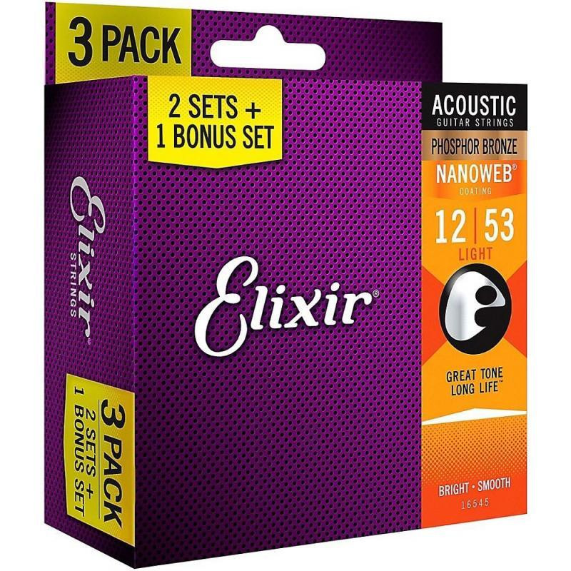 Elixir 16545 Nanoweb Phosphor Bronze Light Acoustic Guitar Strings 12/53 3 Pack - зображення 1