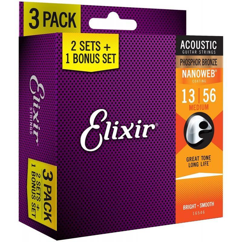 Elixir 16546 Nanoweb Phosphor Bronze Medium Acoustic Guitar Strings 13/56 3 Pack - зображення 1