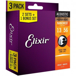 Elixir 16546 Nanoweb Phosphor Bronze Medium Acoustic Guitar Strings 13/56 3 Pack