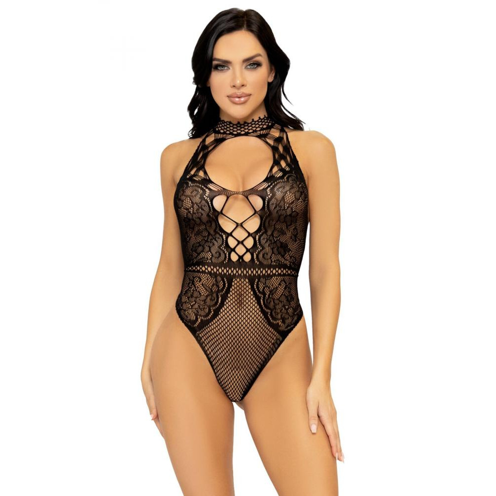 Leg Avenue Net and lace halter bodysuit OS Black (SO7898) - зображення 1