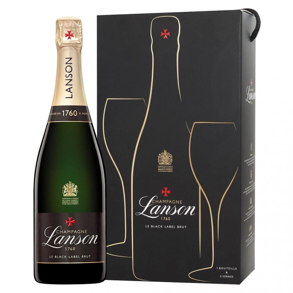 Lanson Вино Champagne  Le Black Label Brut (gift box 1 bt + 2 flutes) 0,75 л брют ігристе біле (30294400064 - зображення 1