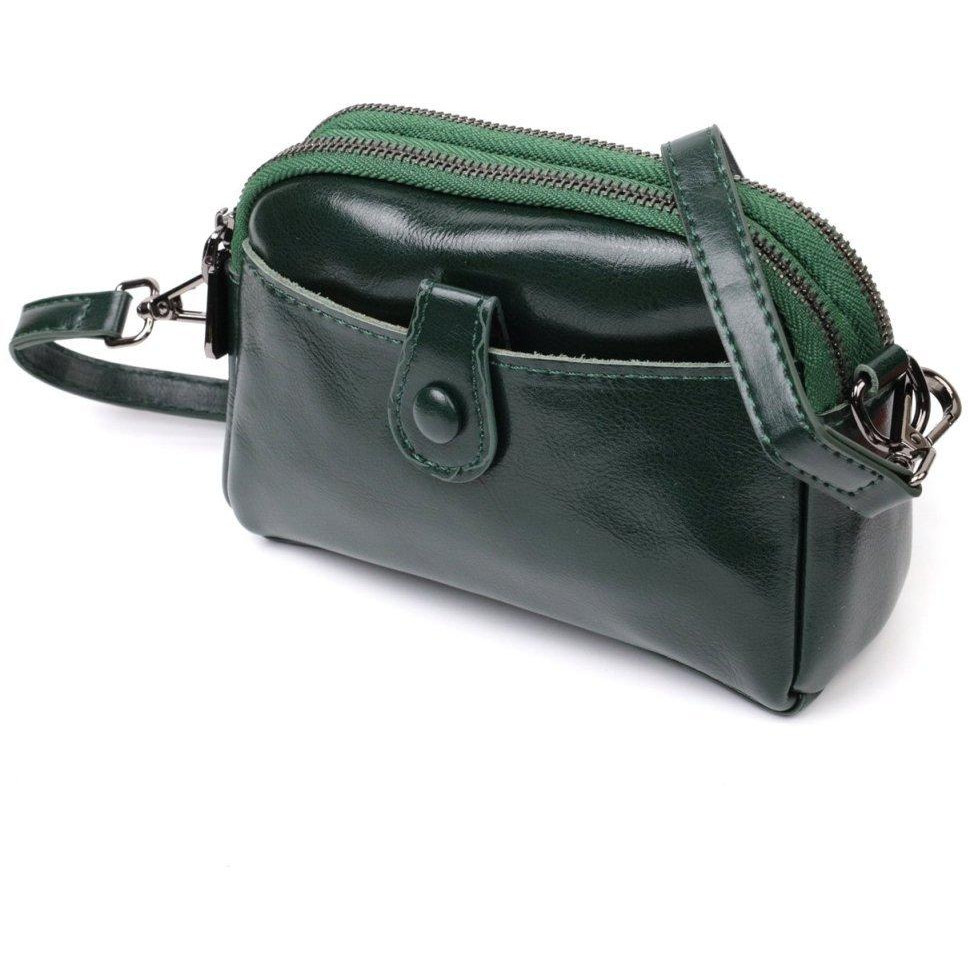Vintage Невелика жіноча сумка-кроссбоді з натуральної шкіри зеленого кольору на дві блискавки  2422420 - зображення 1