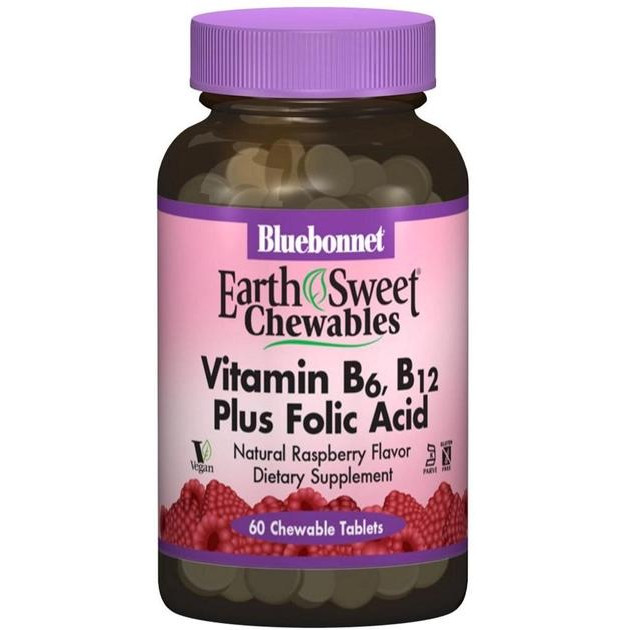 Bluebonnet Nutrition Earth Sweet Chewables Вітамін В6, B12 + Фолієва кислота Малина 60 жувальних таблеток (743715004450) - зображення 1