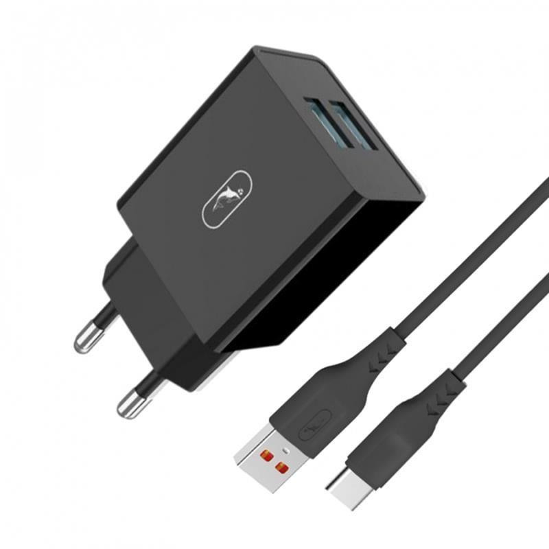 SkyDolphin SC30T 2USB 2.1A Black + USB Type-C cable (MZP-000171) - зображення 1