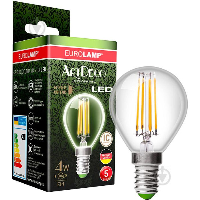 EUROLAMP LED ArtDeco шар 4W E14 2700K филамент (LED-G45-04142(deco)) - зображення 1