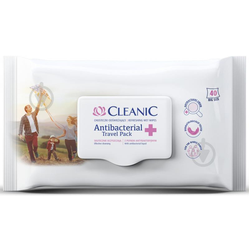 Cleanic Влажные антибактериальные салфетки  Antibacterial Travel Pack с клапаном, 40 шт (5900095028895) - зображення 1
