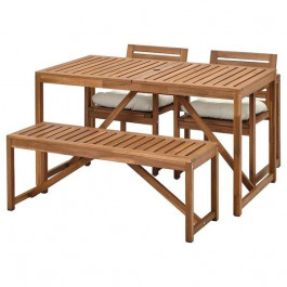 IKEA NAMMARO, 094.912.11, Стіл + 2 стільці + лава, для вулиці, світло-коричневий морилка, КУДДАРНА бежеви