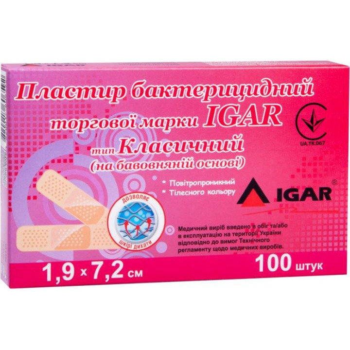 IGAR Пластир бактерицидний  Класичний на бавовняній основі 1.9х7.2 см №100 (4820017606318) - зображення 1