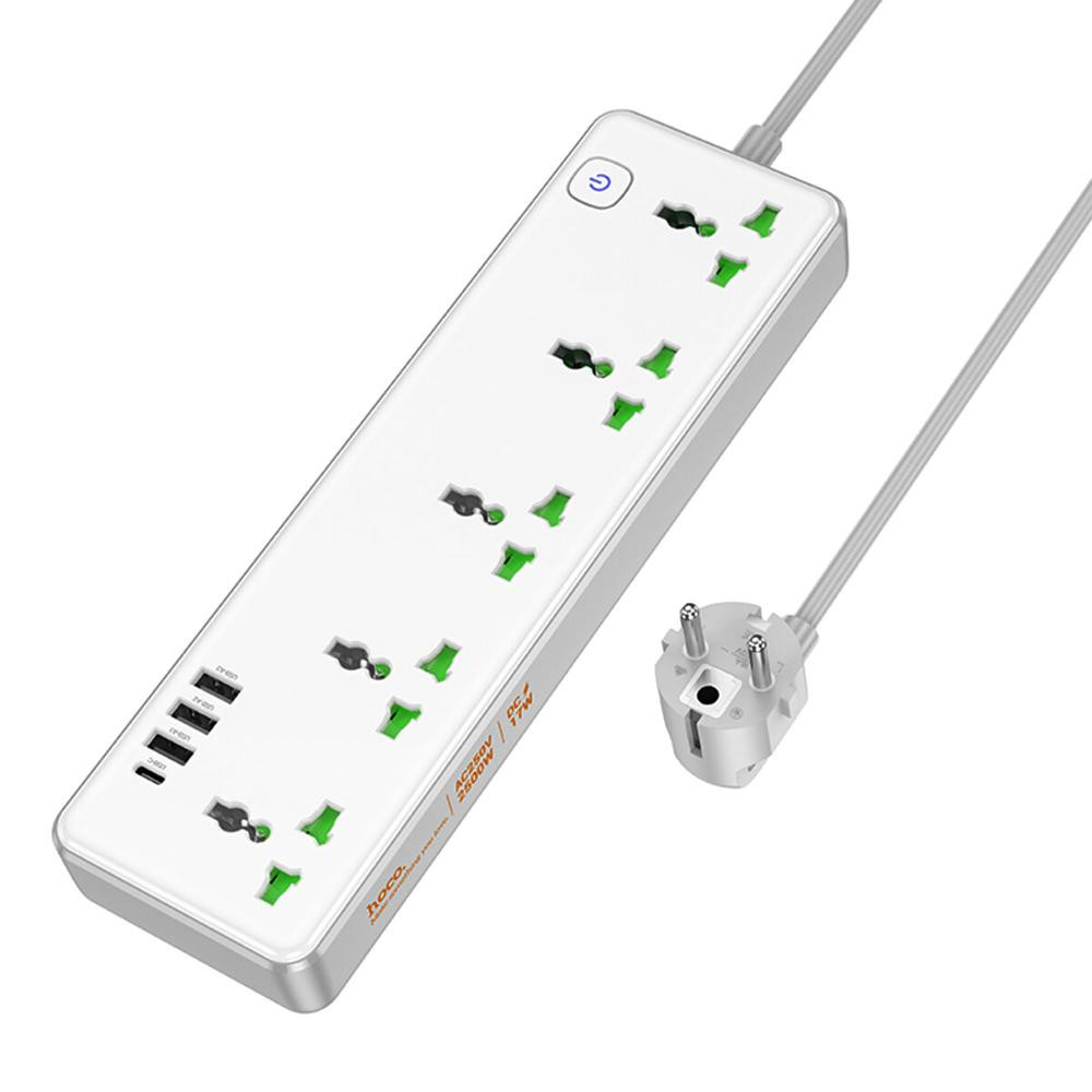 Hoco AC13A 5-position extension cord socket including 3*USB output White - зображення 1