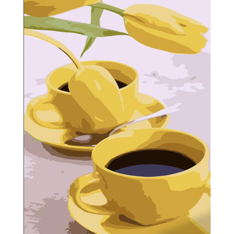 STRATEG Картина за номерами ПРЕМІУМ Кава з тюльпанами з лаком та з рівнем розміром 40х50 см DY439 - зображення 1