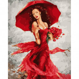 STRATEG Картина за номерами ПРЕМІУМ Пані в червоному з лаком та з рівнем розміром 40х50 см GS1382