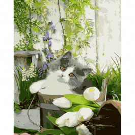 STRATEG Картина за номерами ПРЕМІУМ Погляд котика з лаком та з рівнем розміром 40х50 см GS1475