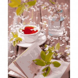 STRATEG Картина за номерами ПРЕМІУМ Весняне чаювання з лаком та з рівнем розміром 40х50 см GS1378